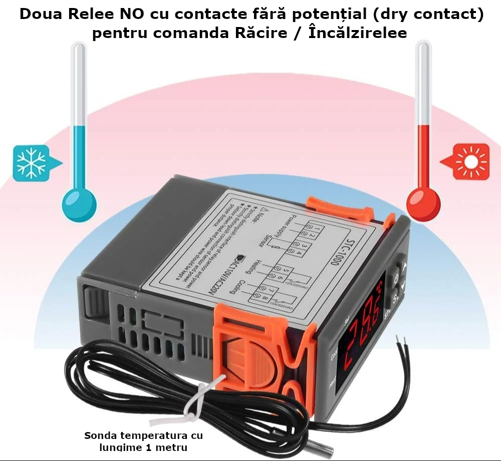 Termostat digital Temark STC-1000, 2 relee Racire/Incalzire, contacte uscate, sonda NTC inox 1m, 220V AC - imagine 3
