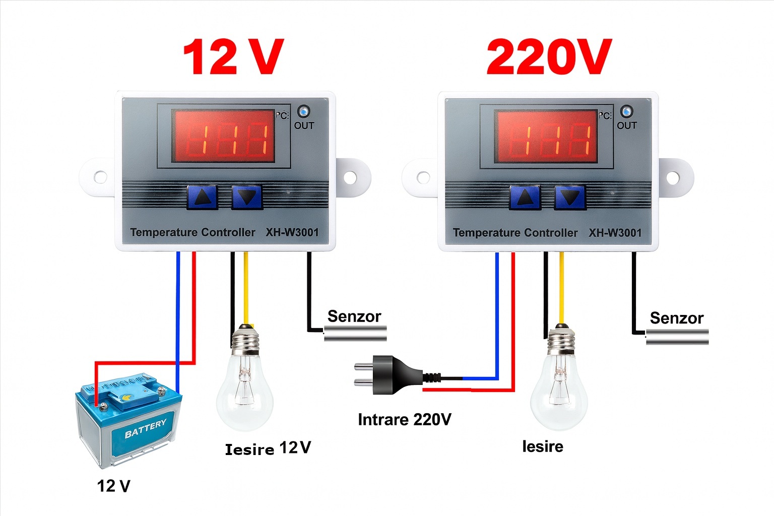 Termostat digital Temark W3001, control temperatura -50~110C, senzor NTC, 12V, dimensiuni 59, 5x44, 5x31mm - imagine 3