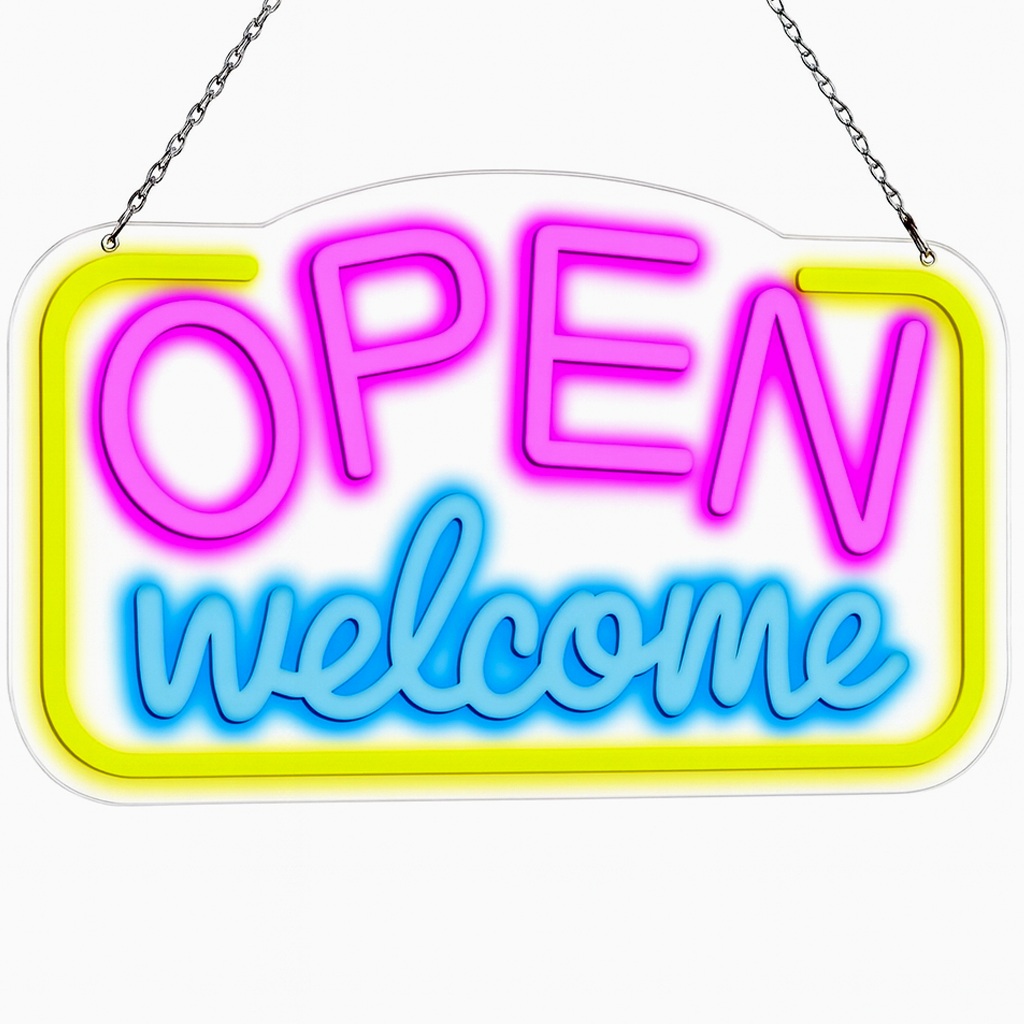 Reclama luminoasa LED Neon „OPEN Welcome”, 43×23 cm, USB, — Potrivit pentru: reclama luminoasa magazin, neon vitrina, restaurant, decor bar, cafenea, lumini bar, decor comercial Temark®