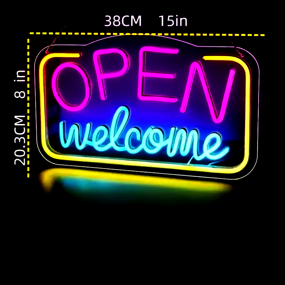 Reclama luminoasa LED Neon „OPEN Welcome”, 43×23 cm, USB, — Potrivit pentru: reclama luminoasa magazin, neon vitrina, restaurant, decor bar, cafenea, lumini bar, decor comercial Temark® - imagine 2