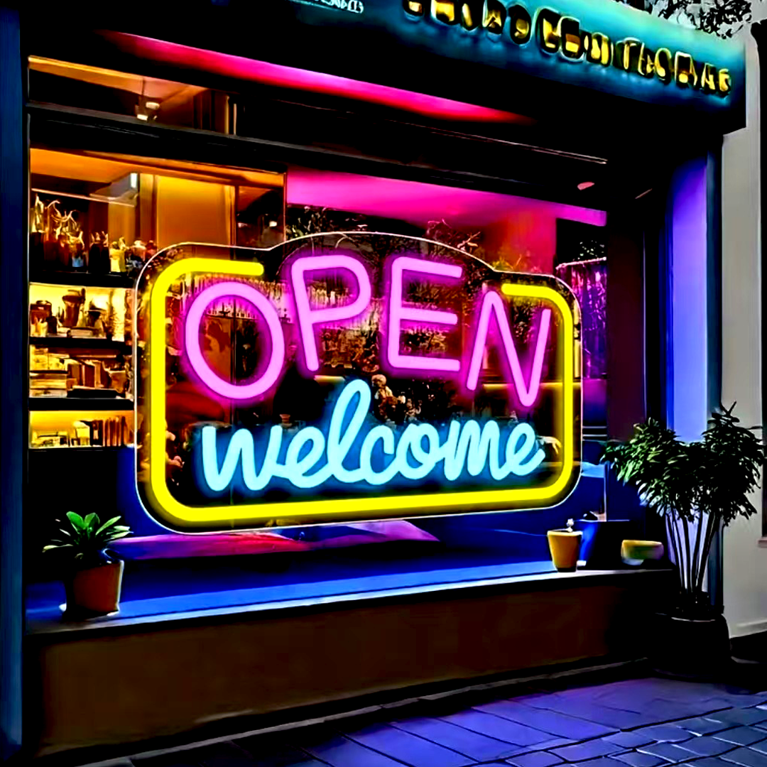 Reclama luminoasa LED Neon „OPEN Welcome”, 43×23 cm, USB, — Potrivit pentru: reclama luminoasa magazin, neon vitrina, restaurant, decor bar, cafenea, lumini bar, decor comercial Temark® - imagine 3