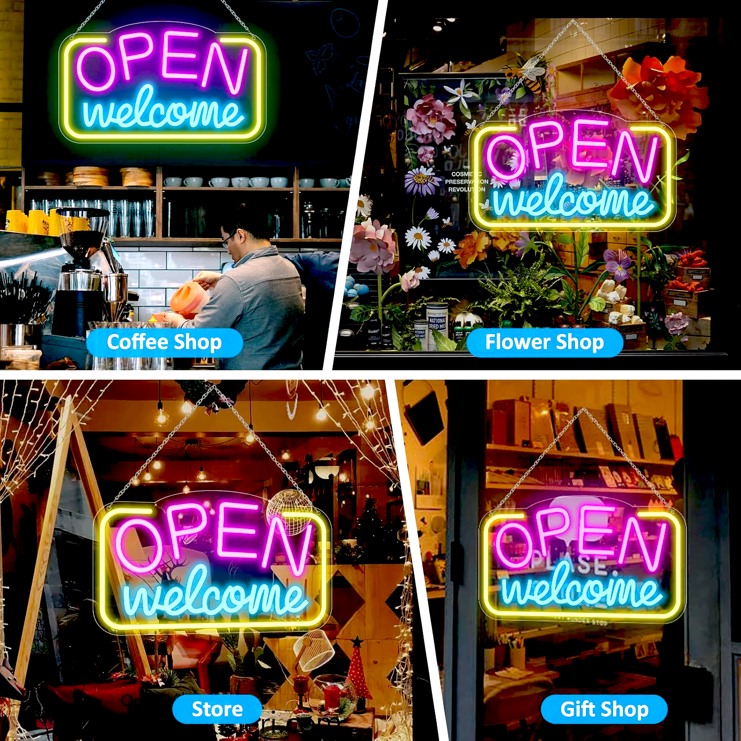 Reclama luminoasa LED Neon „OPEN Welcome”, 43×23 cm, USB, — Potrivit pentru: reclama luminoasa magazin, neon vitrina, restaurant, decor bar, cafenea, lumini bar, decor comercial Temark® - imagine 4