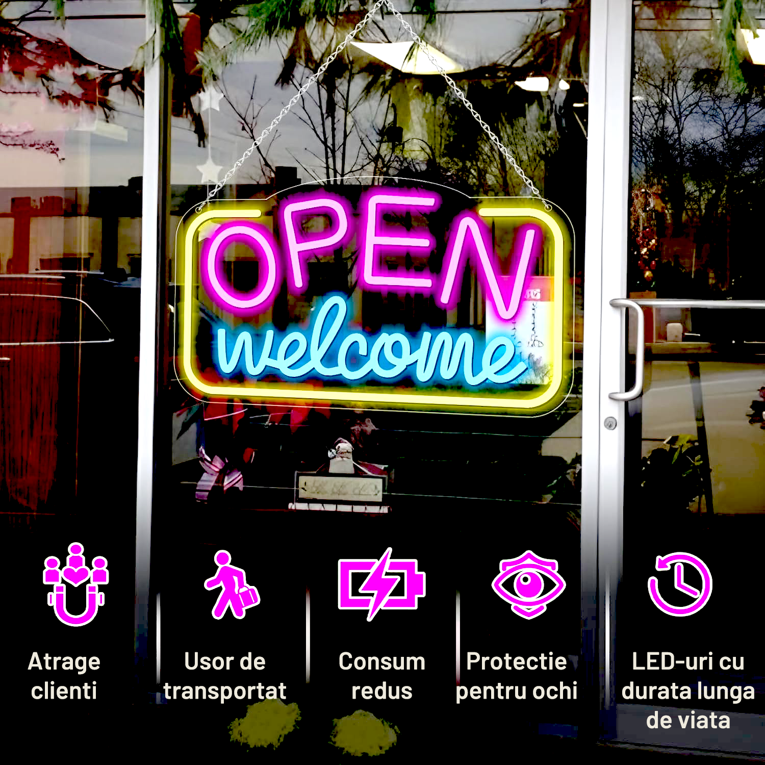 Reclama luminoasa LED Neon „OPEN Welcome”, 43×23 cm, USB, — Potrivit pentru: reclama luminoasa magazin, neon vitrina, restaurant, decor bar, cafenea, lumini bar, decor comercial Temark® - imagine 6