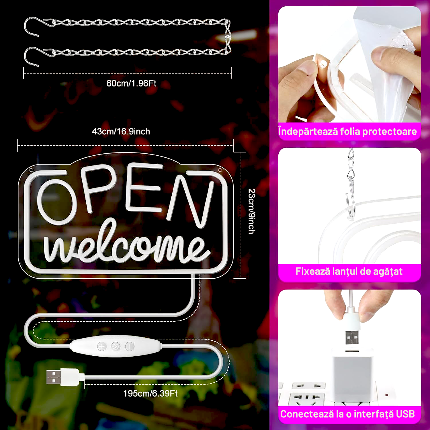 Reclama luminoasa LED Neon „OPEN Welcome”, 43×23 cm, USB, — Potrivit pentru: reclama luminoasa magazin, neon vitrina, restaurant, decor bar, cafenea, lumini bar, decor comercial Temark® - imagine 7