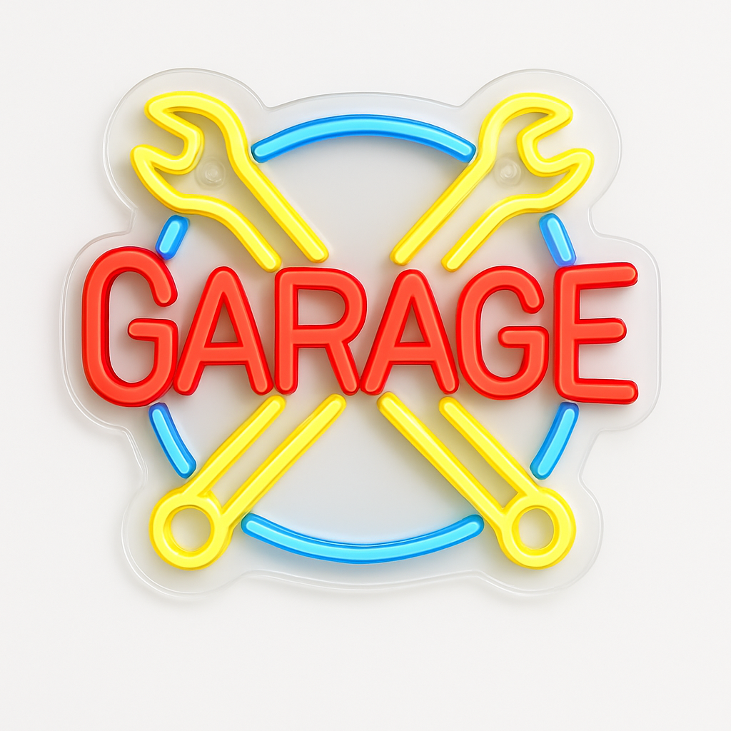 Reclama luminoasa LED Neon „GARAGE” - chei incrucisate, 31.5 × 27 cm, USB — Potrivit: garaj, service auto, atelier, vulcanizare, detailing spalatorie auto, showroom piese, vitrina magazin - Temark®