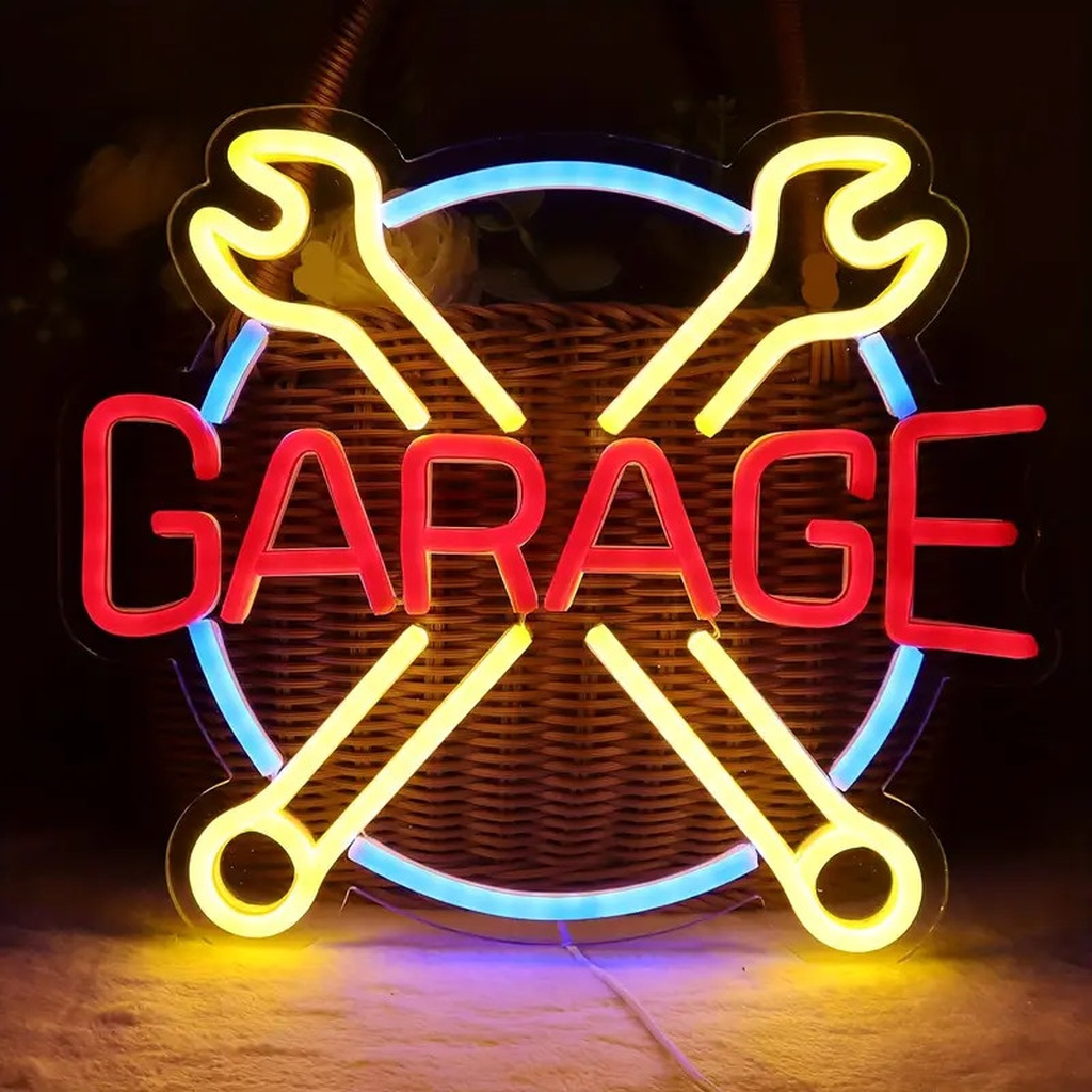 Reclama luminoasa LED Neon „GARAGE” - chei incrucisate, 31.5 × 27 cm, USB — Potrivit: garaj, service auto, atelier, vulcanizare, detailing spalatorie auto, showroom piese, vitrina magazin - Temark® - imagine 3