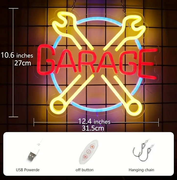 Reclama luminoasa LED Neon „GARAGE” - chei incrucisate, 31.5 × 27 cm, USB — Potrivit: garaj, service auto, atelier, vulcanizare, detailing spalatorie auto, showroom piese, vitrina magazin - Temark® - imagine 4