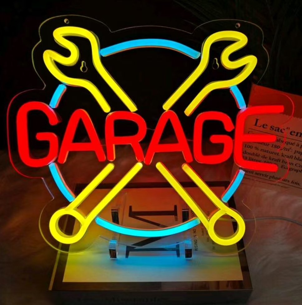 Reclama luminoasa LED Neon „GARAGE” - chei incrucisate, 31.5 × 27 cm, USB — Potrivit: garaj, service auto, atelier, vulcanizare, detailing spalatorie auto, showroom piese, vitrina magazin - Temark® - imagine 5