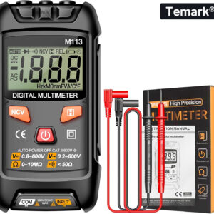 Multimetru digital automat, Temark®, cu 2 cabluri, Afisaj LCD, tester diode/baterii, continuitate, 11.7x6.2x2.8cm, Negru