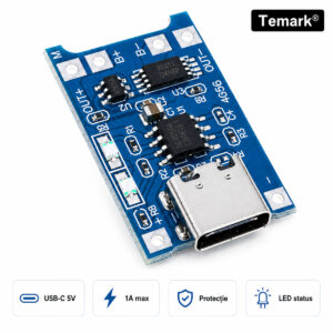 Modul încărcare acumulator Li-ion TP4056 Temark, USB Type-C, 1A, cu protecție, pentru baterii 18650 / 1S 3.7V, LED status