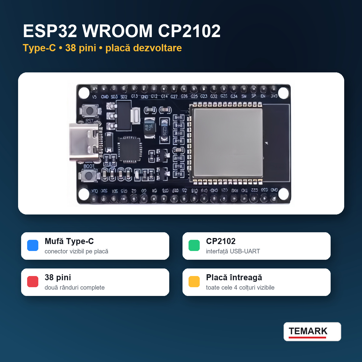 Placă dezvoltare ESP32 WROOM CP2102 Temark, USB Type-C, 38 pini, modul pentru proiecte electronice DIY, IoT și automatizări - imagine 2