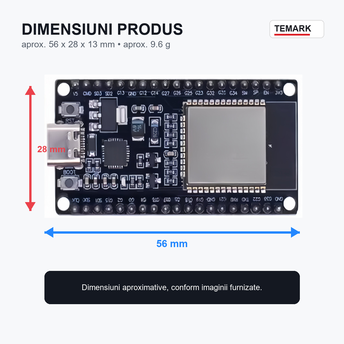 Placă dezvoltare ESP32 WROOM CP2102 Temark, USB Type-C, 38 pini, modul pentru proiecte electronice DIY, IoT și automatizări - imagine 3