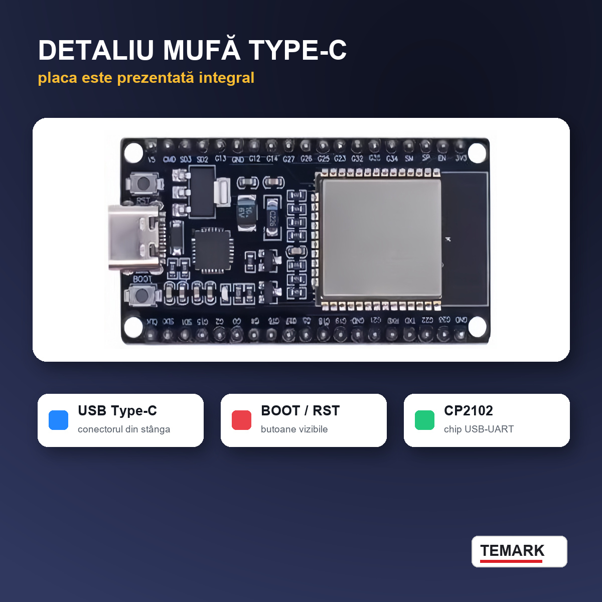 Placă dezvoltare ESP32 WROOM CP2102 Temark, USB Type-C, 38 pini, modul pentru proiecte electronice DIY, IoT și automatizări - imagine 4