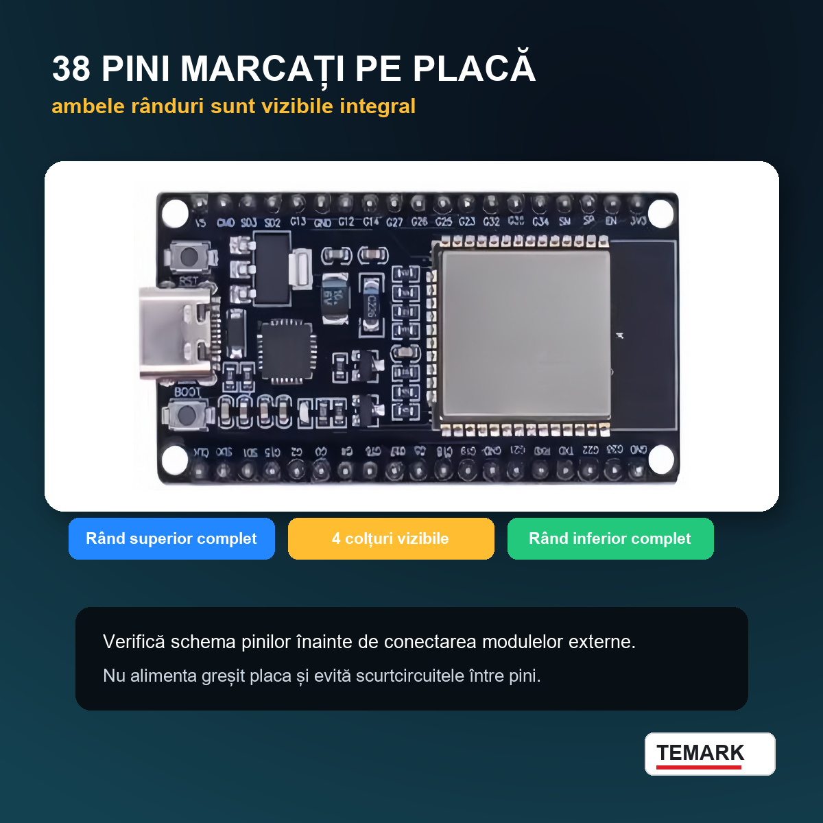 Placă dezvoltare ESP32 WROOM CP2102 Temark, USB Type-C, 38 pini, modul pentru proiecte electronice DIY, IoT și automatizări - imagine 5