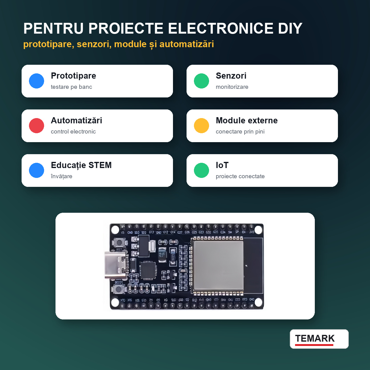 Placă dezvoltare ESP32 WROOM CP2102 Temark, USB Type-C, 38 pini, modul pentru proiecte electronice DIY, IoT și automatizări - imagine 6