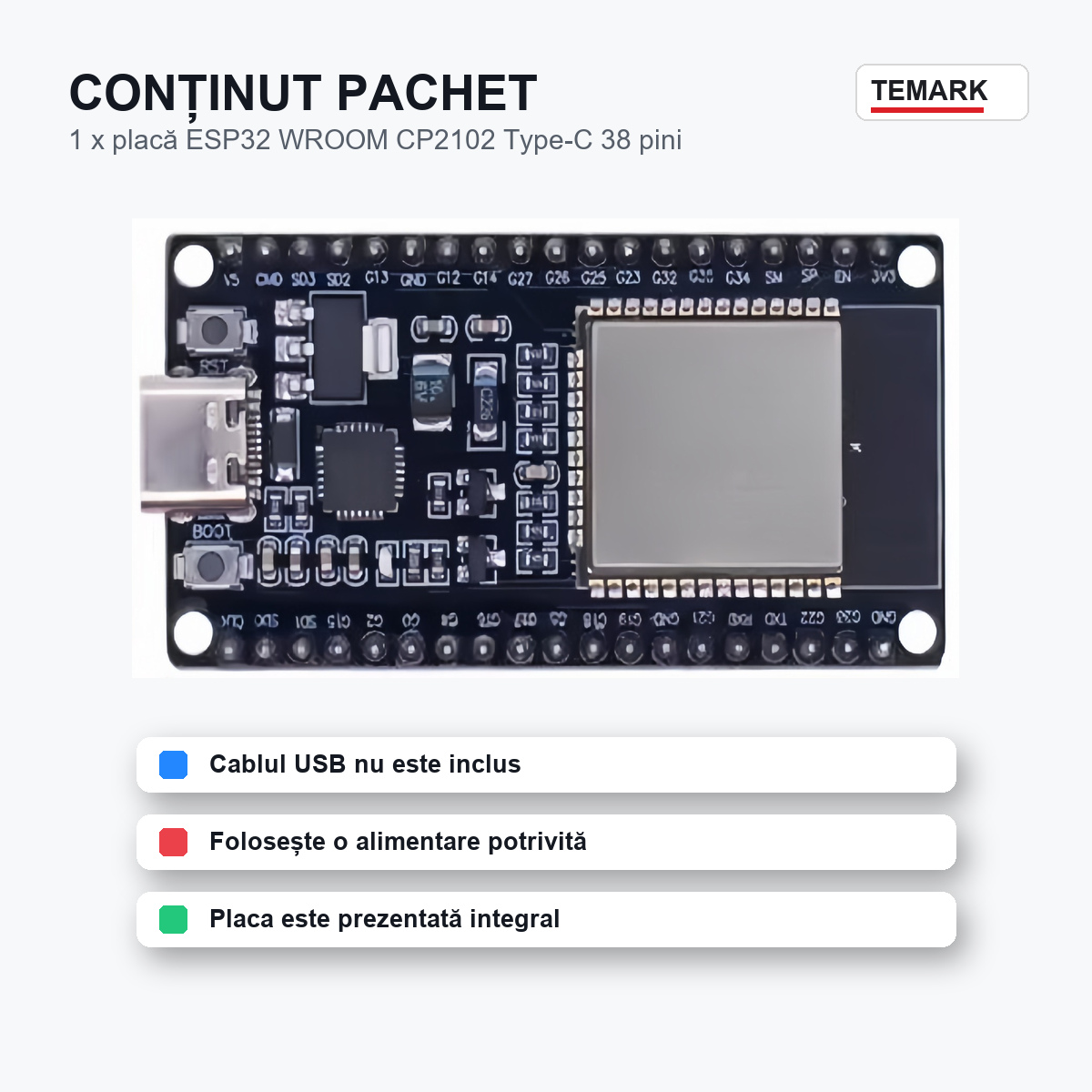 Placă dezvoltare ESP32 WROOM CP2102 Temark, USB Type-C, 38 pini, modul pentru proiecte electronice DIY, IoT și automatizări - imagine 7