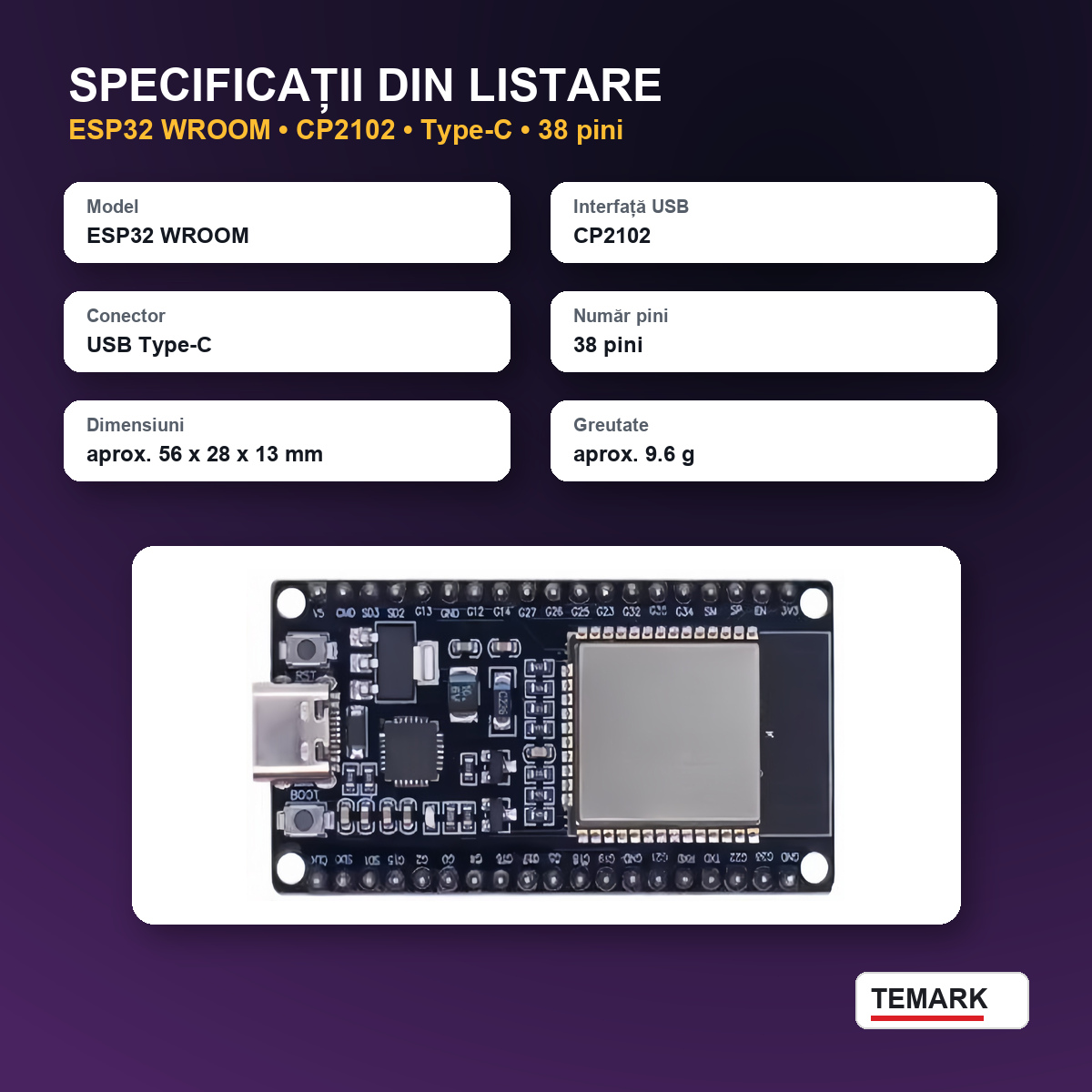 Placă dezvoltare ESP32 WROOM CP2102 Temark, USB Type-C, 38 pini, modul pentru proiecte electronice DIY, IoT și automatizări - imagine 8