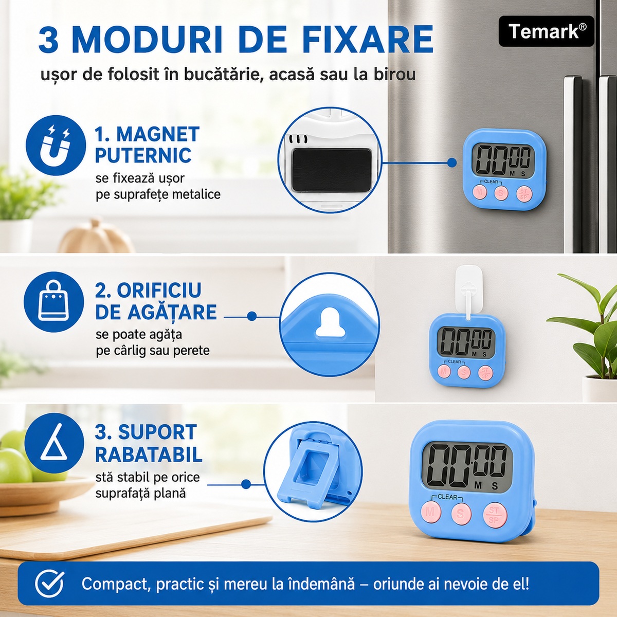 Magnet, orificiu de agățare și suport rabatabil