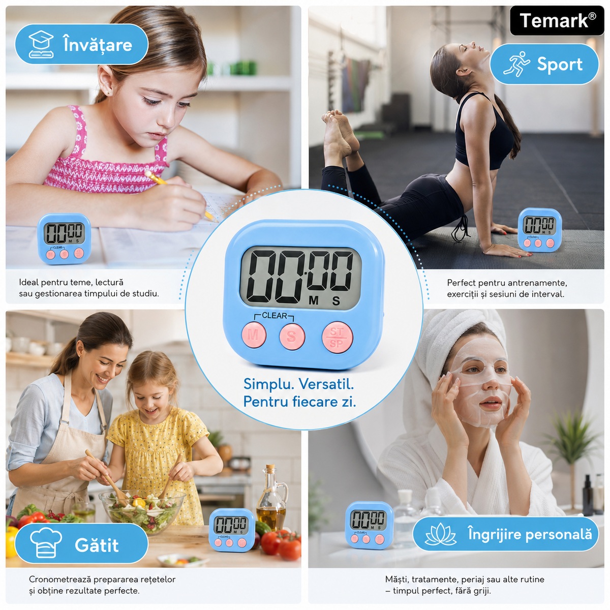 Utilizări timer digital pentru gătit, studiu, sport și rutine